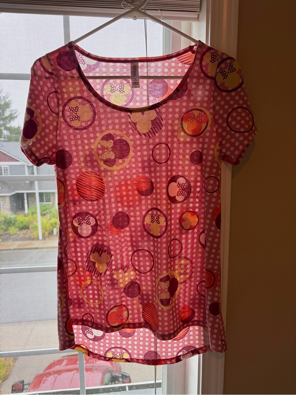 LuLaRoe Pink Polka Dot & Disney Mickey Mouse Short-Sleeve Top